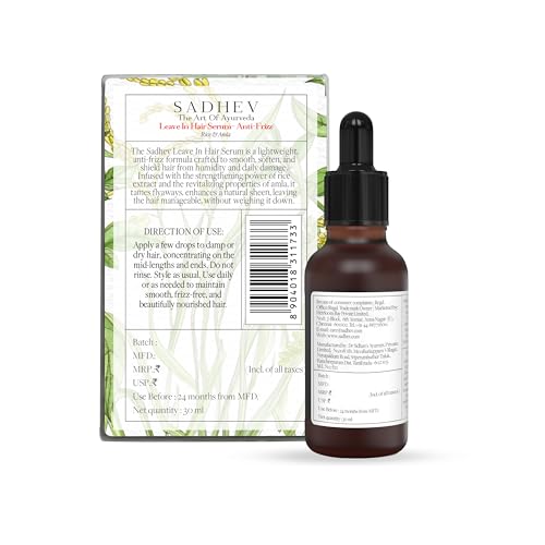Image of Sadhev Ayurvedic Leave-In Hair Serum - Anti-Frizz Formula with Rice Water & Amla | Smooths & Controls Frizz for Dry, Damaged Hair | Lightweight | For Women & Men | 30ml