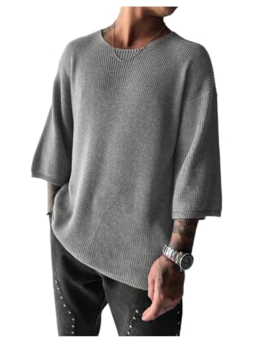 SHENHE Men's Oversized Sweater Pullover Crewneck 3/4 Sleeve Baggy Knit Jumper Streetwear