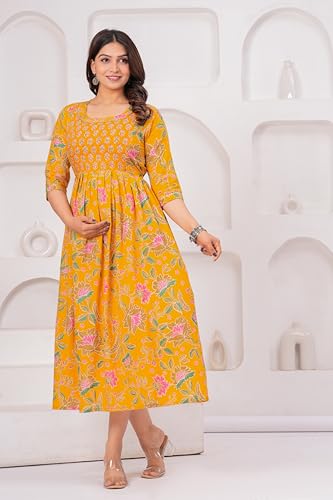 Image of The Moon Star Women's Cotton Floral Printed Anarkali Maternity Feeding Kurti | Breastfeeding Dress for Mothers | Zipper Feeding Kurti,Nursing Kurti, Comfortable and Trendy Maternity Wear