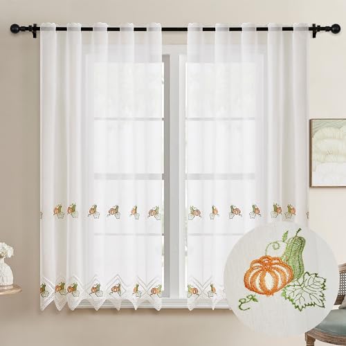 DALINA Textil - Cortina Cocina 150 x 140 cm, Visillo Cocina con Bordados Transparente Dos Paneles (Cucurbita)