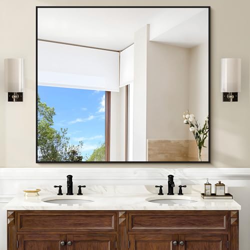 Image of COFENY Black Bathroom Mirror for Wall, 36x40 Inch Rectangle Mirrors with Metal Frame, Modern Rectangular Wall Mirror for Bathroom Living Room, Entryway Hangs Horizontal or Vertical
