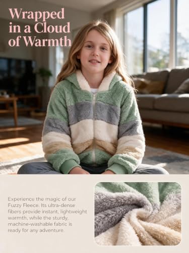 Image of Girls Fleece Jackets Kids Sherpa Fuzzy Zip up Hoodie Fall Winter Contrast color Pullover Sweatshirt 4-12 Years