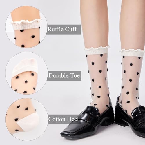 Women's Sheer Socks Ruffle Frilly Nylon Polka Dots Stockings Summer Ultra Thin Cool See Through Cute Calf Novelty Socks for Girls 6 Pack2