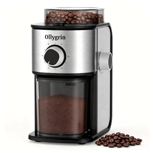 Electric Flat Burr Coffee Grinder, Coffee Grinder with 14 Grinding Settings, Burr Mill Grinder with 7oz Bean Hopper, Compact for Espresso, Drip & French Press, Shiny Silver