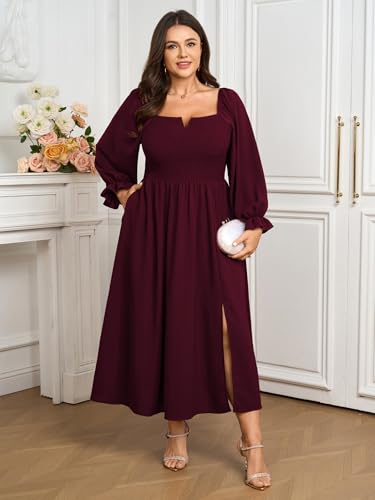 SCOMCHIC Womens Plus Size Maxi Dress Long Sleeve Square Neck Smocked Wedding Guest Flowy Split Fall Dresses with Pockets2