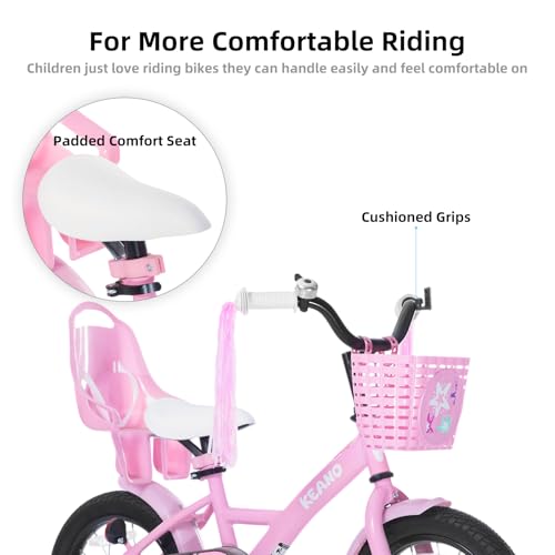 Image of KEANO Zinnia 14 16 20 Inch Kids Bike for Girls Ages 3-10 Years, Girls' Bikes with Training Wheels, Streamers, Basket and Doll Seat, Children Bicycles