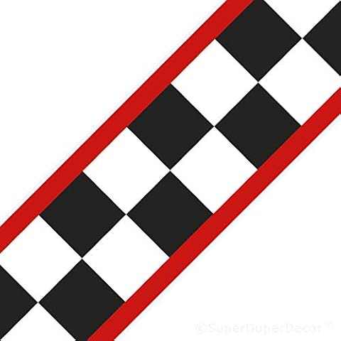Checkered Flag Wall Border with Red Stripes - Chequered American Diner Room Childs Cars Wallpaper Decor Strips - Without Name Cover