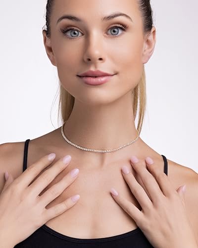 18K Gold Plated Simple Statement Cubic Zirconia Created Rhinestone Tennis Choker Necklace, Wedding Tennis Chain Jewelry for Women Gifts.2