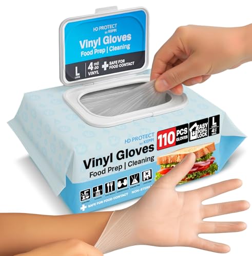 Image of Keppi 110 Pack Clear Vinyl Gloves - Disposable Latex - BPA & Powder-Free - Food Safe Plastic Gloves for Cooking Cleaning Food Prep Catering BBQ Baking & Restaurant Use - (Large)
