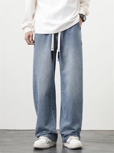 Men Wide Leg Jeans Plus Size Solid Color Drawstring Straight Denim Pants Baggy Jeans Trousers2