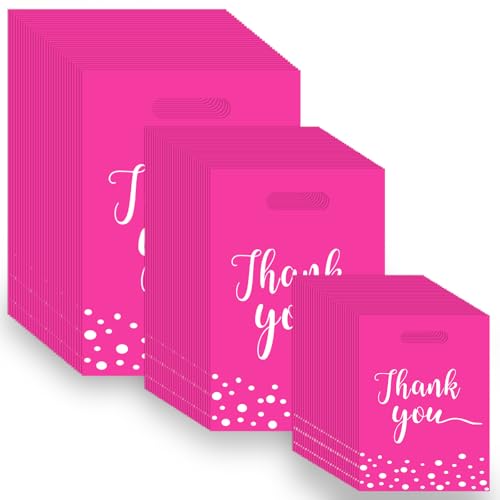 WOOWAIR 300 sacchetti di plastica per tende, con "Thank You", 3 misure sacchetti della spesa riutilizzabili con manici borse della spesa pieghevoli buste shopper per feste, regali, boutique