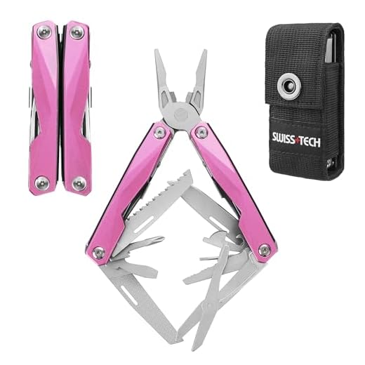 Swiss+Tech Alicates Multifunción 16 en 1, Alicate Multiuso, Herramienta Multifuncional Plegable de Acero Inoxidable con Alicates Sierras Destornillador Lima para Camping Senderismo(color rosa)
