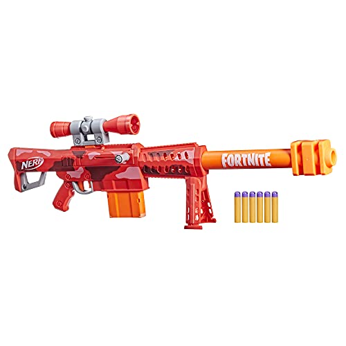 NERF Fortnite Heavy SR Blaster Scope, Big Blaster, 6 Mega Dardos, Clip de 6 Dardos, lanzadores de Espuma de Juguete para niños, Juguetes Fortnite para niños y niñas