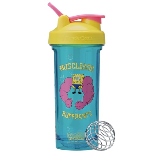 BlenderBottle Spongebob Shaker Bottle Pro Series Perfect for Protein Shakes and Pre Workout 28-Ounce Yellow/Blue Musclebob Buffpants