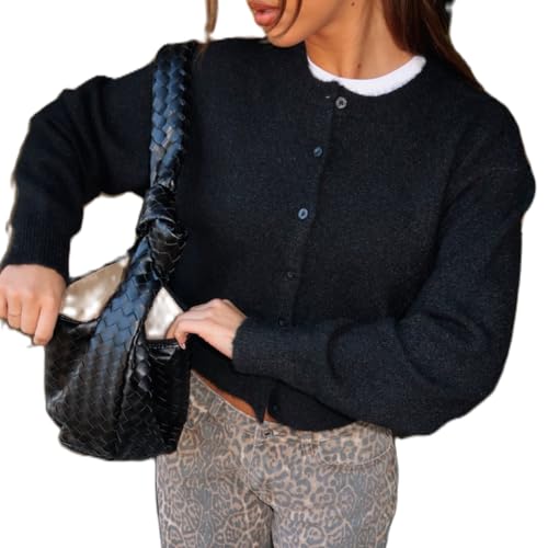 Image of Women Knit Cropped Cardigan Tops Long Sleeve Button Down Lightweight Bolero Sweater Tops