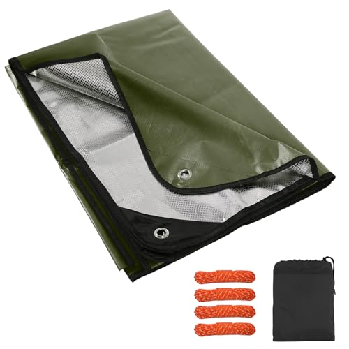 REDCAMP Isolierte Wärmedecke mit 4 Windseilen, 210x150cm Verdickter Wiederverwendbare Allwetter-Decke, wasserdicht & Winddicht für Camping Wandern Outdoor-Aktivitäten, Grün