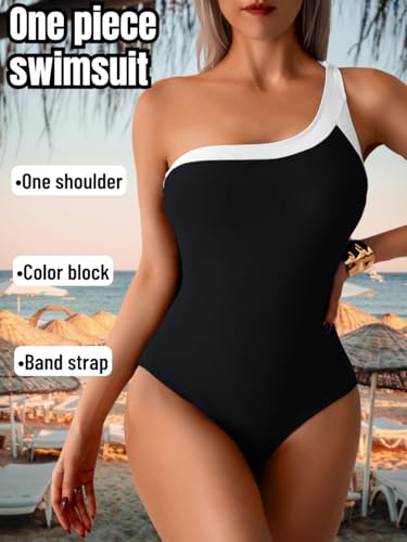 One Shoulder Color-Block Swimsuit, Modest Full-Coverage, Vacation Pool Party2