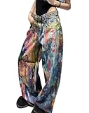 Unisex Y2k Vintage Color Ink Oil Painting Jeans Hiphop Rainbow Graffiti Streetwear Harajuku Baggy Casual Denim Pants (Denim,Small)