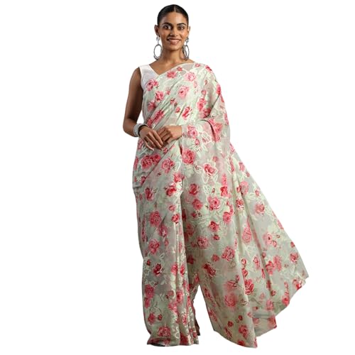 Image of Garden Vareli Summer Roganza Viscose Brasso Floral Print Saree with Unstitched Blouse Piece
