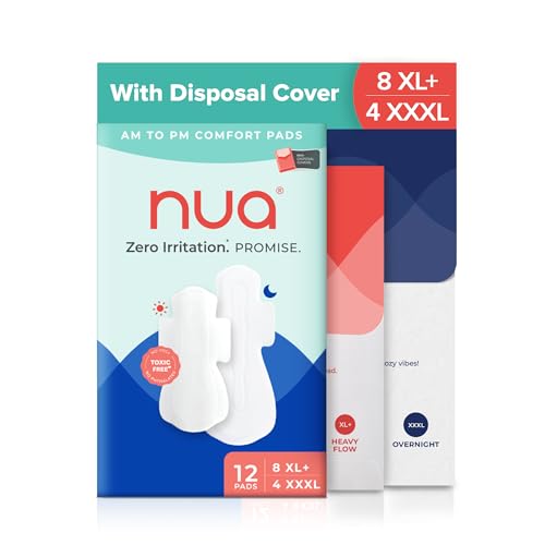 Image of Nua Day & Night Sanitary Pads for Women | Pack of 12 (8 XL Day + 4 XXXL Night Pads) | Ultra-Thin, Super Absorbent | 12 Hr Protection | Soft, Rash-Free, Toxin-Free, Leak-Proof, XL & XXXL Pads