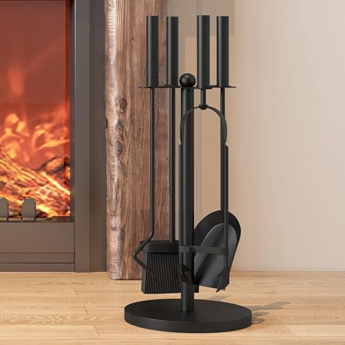 Kingson Juego de 5 piezas para chimenea, acero recubierto de polvo negro, incluye cepillo, pala, póquer, pinzas y soporte con peso, accesorios para chimenea y estufa de leña, altura de 59,5 cm