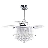 Ceiling Fan with Light and Remote 36 Inch Modern Crystal Ceiling Fan with 3 Retractable Blades, 3...
