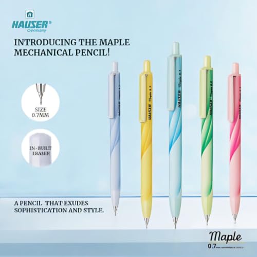 Image of HAUSER MAPLE 0.7mm Mechanical Pencil Blister Pack of 6| Extra Dark & Breakage Resistant Lead | 5 Pastel Shades Matt Finish Body Colours | In-Built Eraser For Quick Erasing | 10 FREE Leads in Each Pack