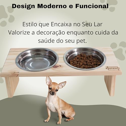 Comedouro e Bebedouro Inclinado e Elevado para Cães e Gatos, Madeira, Ergonômico, Impermeável, Inox,