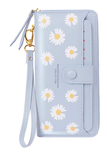 Nawoshow Portefeuille en Cuir pour Femme avec Blocage RFID, Poche à Fermeture éclair, Porte-Cartes avec fenêtre pour Carte d'identité, Bleu (Fleur)