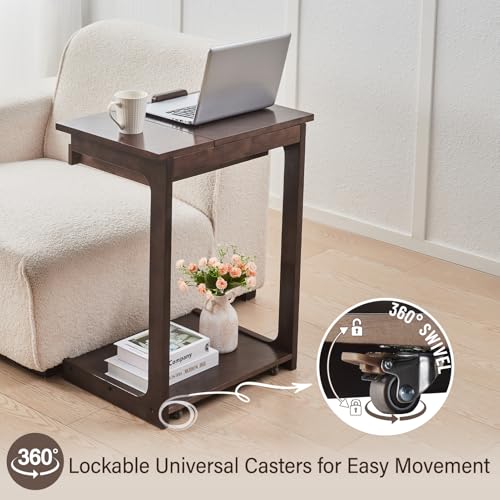 Image of Uniclinens C Shaped End Table for Couch, Rolling Side Table with Wheels Adjustable, Solid Wood TV Sofa Arm Eating Tray Table for Multi-Purpose, Small Coffee Table Living Room Bedroom, Walnut