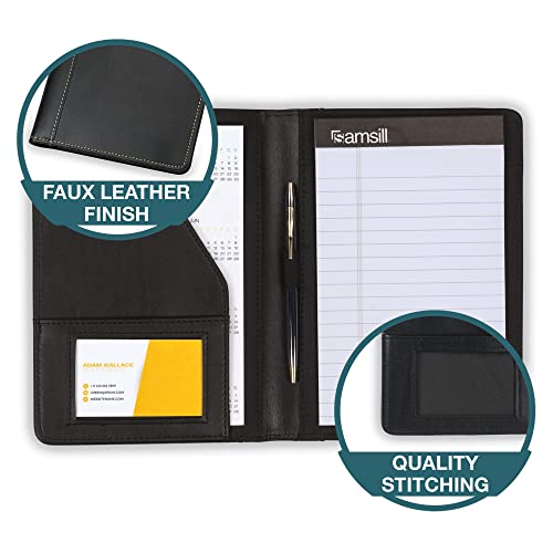 Samsill Contrast Stitch Faux-Leather Portfolio, Mini Size Business Interview Professional Padfolio, Includes 5 X 8 Inch Writing Pad, Black #TOP3