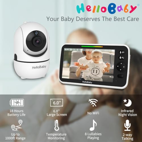 Image of HelloBaby 6'' World First IPS 30H Battery Split-Screen Video Baby Monitor with Camera and Audio, No WiFi, Pan-Tilt-Zoom, VOX, 2-Way Talk, Night Vision, 8 Lullabies, 1000ft, for New Parents /Elderly