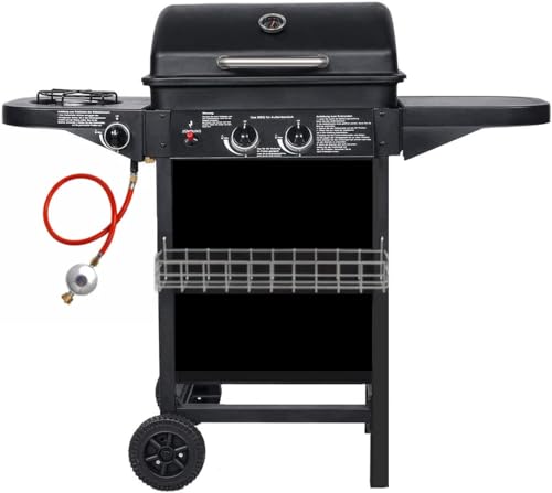 Barbacoa a gas con 2 quemadores de gas compactos, quemador lateral, rejilla barbacoa,mesas laterales y carro de acero, 8,7 kW de potencia