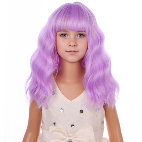 Image of PATTNIUM Kids Lavender Purple Wig Girls Purple Bob Wig with Bangs Short Colored Curly Wavy Synthetic Wigs for Children