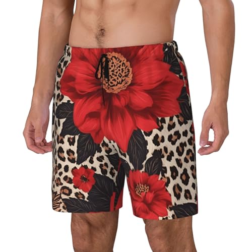 Red Flower Leopard Print Men Stylish Functionality Swim Trunks Breathable Beach Shorts Surfing Gym Fishing2