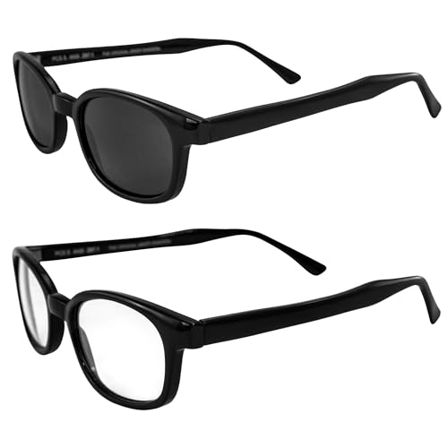 2 Pairs of Pacific Coast Sunglasses X-KD's Biker Sunglasses Black Frames with Clear & Smoke Lenses for Day & Night Protection