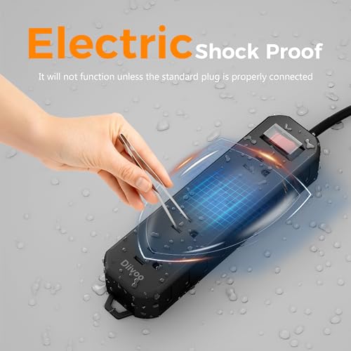 Outdoor Power Strip Weatherproof, 25 FT Extension Cord, Diivoo Waterproof Surge Protector with 4 Outlets 1250W Shockproof Overload Protection, Flat Plug, Black - Thumbnail 5