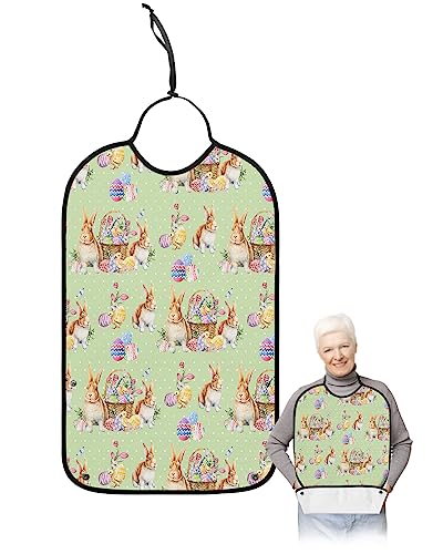 Spring Easter Adult Bibs for Eating, Waterproof Bibs with Food Catcher & Adjustable Snap Closure, Bunny Colorful Eggs Easter Basket Polka Dot Clothing Protectors Adult Bibs for Elderly Women/Men
