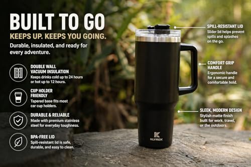 Image of 1200ml Stainless Steel Tumbler with Handle and Straw | Leak Proof Travel Mug | BPA Free Reusable Drinking Cup for Office, Travel, Gym & Car (Black) | Large Water Tumbler Bottle, Leak Resistant Sipper Cup, Reusable Travel Tumbler, BPA Free Lid