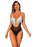 WDIRARA Women's Sequin Fringe Cut Out Sheer Mesh Swimwear Tie Back Halter Sleeveless One Piece Swimsuit Black S