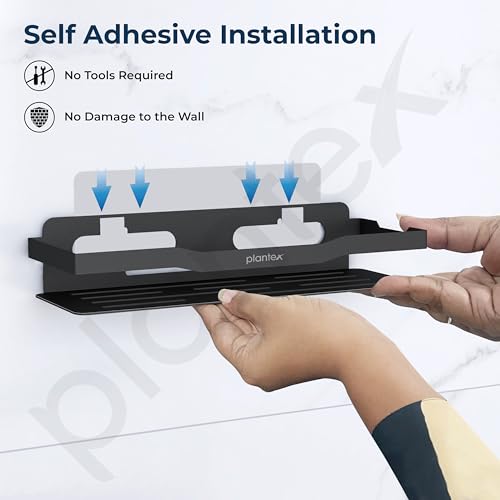Image of Plantex Self Adhesive Bathroom Shelf /Stainless Steel Bathroom Organiser /Wall Adhesive Shelf /No Drill Bathroom Shelves /Kitchen Organizer-Pack of 1(12x4 Inch, Black)