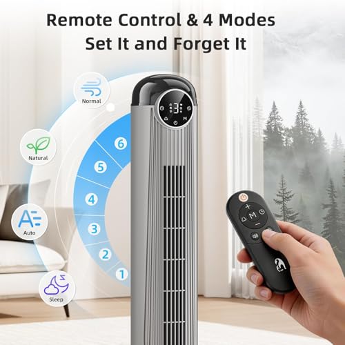 Image of Antarctic Star Tower Fan, 41 Inch DC Motor Bladeless Oscillating Fan with Remote, 6 Speeds & 4 Modes, LED Display, 9H Timer, Quiet Floor Standing Fan for Bedroom Living Room Office, Grey