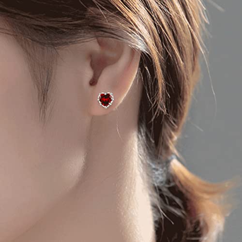 Heart Earring For Women Girls Hypoallergenic 925 Sterling Silver Cubic Zirconia Heart Ruby Stud Earrings Jewelry Valentine's Day Birthday Gifts #TOP1