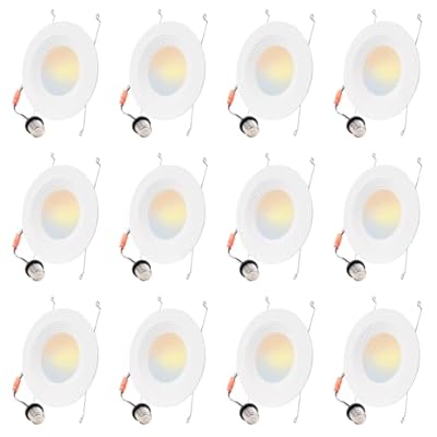 12 Pack 5/6 Inch 5CCT LED Recessed Lighting, Dimmable Can Lights with Baffle Trim, 2700K/3000K/4000K/5000K/6500K Selectable, 12.5W=100W, 950LM Downlight, Wet Rated, Retrofit Installation, ETL & FCC