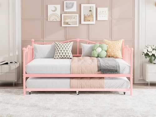 GarveeHome Twin Daybed with Trundle, Metal Sofa Bed Frame with Steel Slat Support, for Living Room, Bedroom, Love Heart Design, No Box Spring Needed, Pink by GarveeHome - Used condition - Image 8