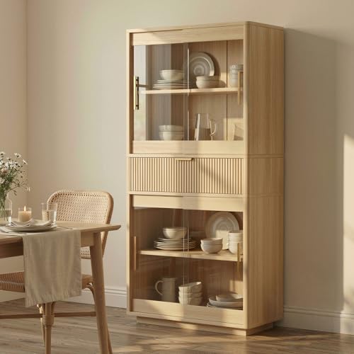 IRONCK Fluted Kitchen Pantry Cabinet with Sliding Glass Doors, 69' Tall Modern Storage Cabinet with Drawer & Adjustable Shelves, Wooded Bookcase, Cupboard for Kitchen, Dining Room, Oak