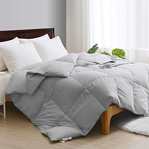 APSMILE Lightweight Goose Feather Down Comforter Queen Size - Ultra Soft Grey Organic Cotton Quilted All-Season Thin Feather Down Duvet Insert for Warm Weather/Hot Sleepers (90x90, Cloud Grey)