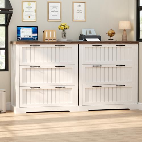 SEDETA 3 Drawer File Cabinet, Farmhouse Filing Cabinet for Home Office, Wood Office File Cabinets for Letter/Legal/A4 Size, Lateral File Cabinets with Printer Stand, White + Brown - Thumbnail 6