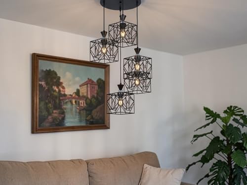Image of Prop It Up Modern 5-Light Cluster Pendant Light | Industrial Geometric Metal Hanging Ceiling Lamp | Multi-Light Chandelier for Living Room, Dining Area, Staircase | E27 Holder (Black Finish)