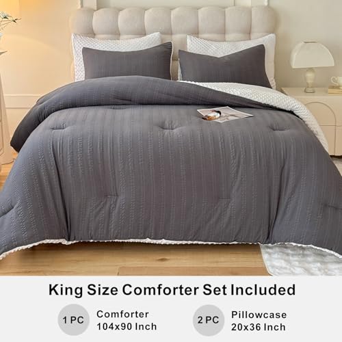 Image of tohrisa Boho Comforter Set King Size Striped Pleats Bohemian Seersucker Bedding Set All Season Soft Cozy 3 Pieces Quilt with 2 Pillowcases(104 inchX90 inch Dark Grey)